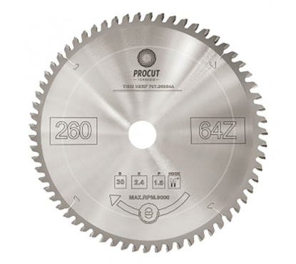 Пильный диск 260x30x2,4/1,6 Z=64 ATB -5° поперечный рез по древесине PROCUT 797.2603064A.ECO